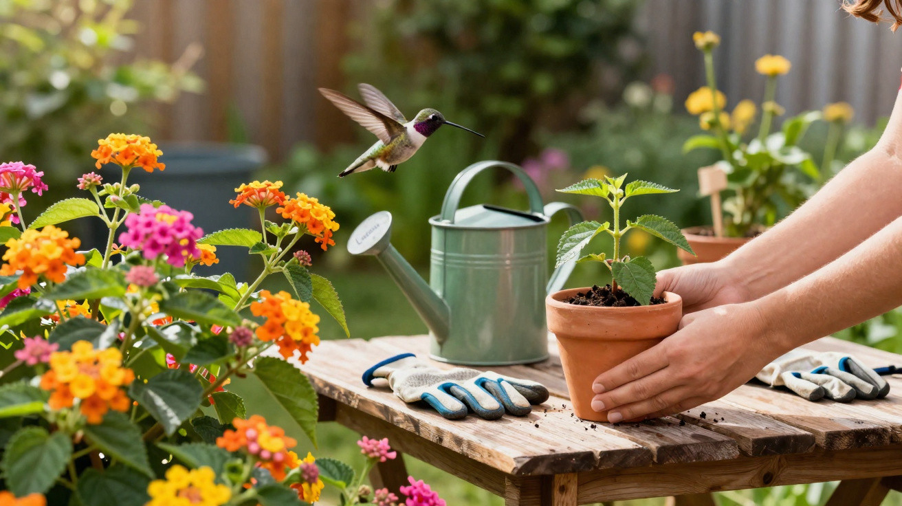 Mãos a plantar erva em vaso num jardim com flores coloridas e um beija-flor em voo próximo.