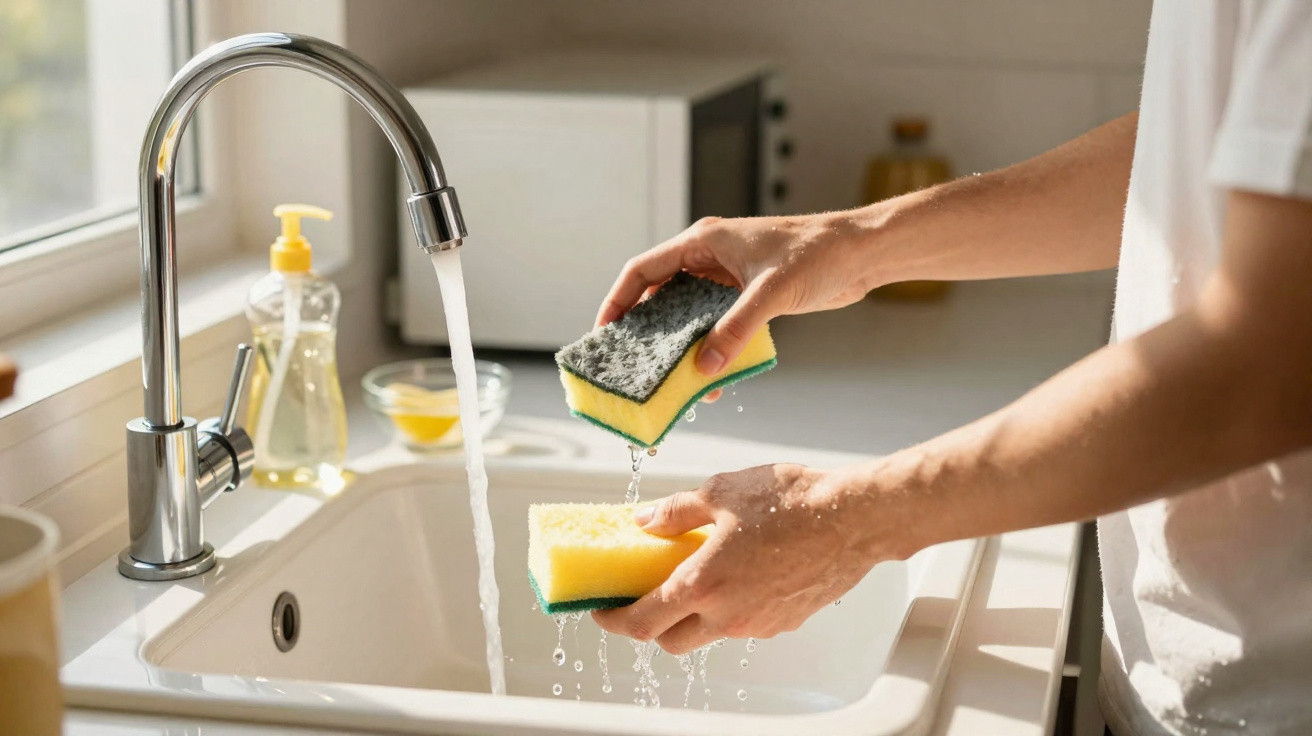 Mãos a enxaguar esponjas de lavar loiça numa torneira com água corrente numa cozinha iluminada.