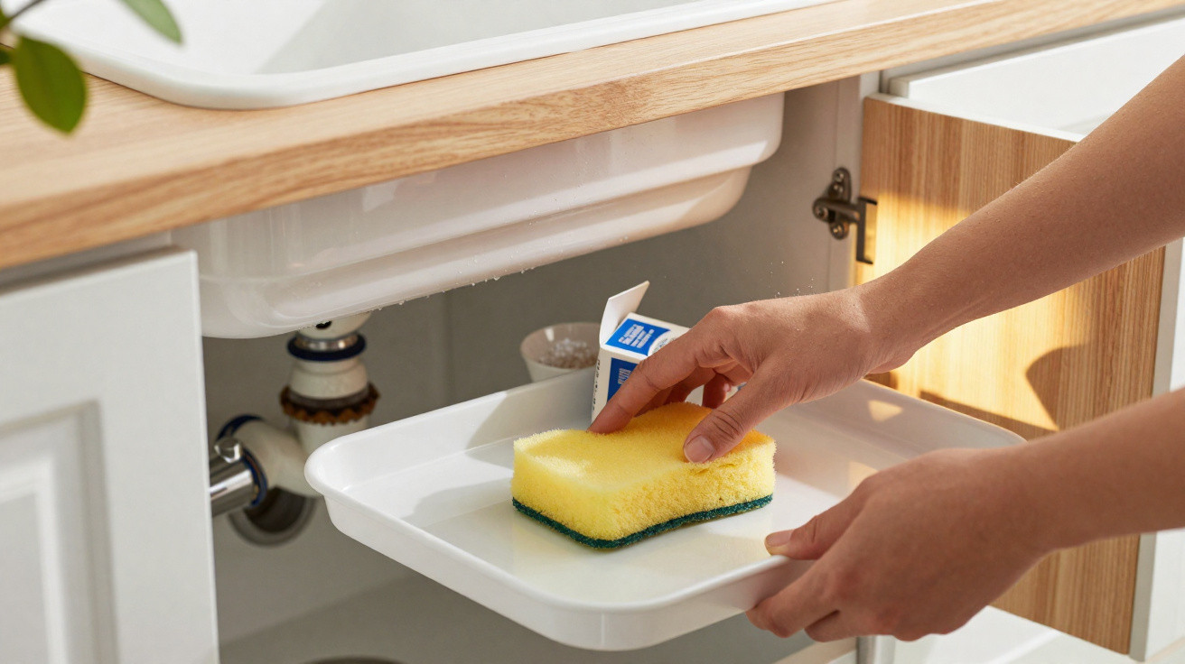 Mãos a limpar esponja com detergente numa bancada branca com armário aberto na cozinha.