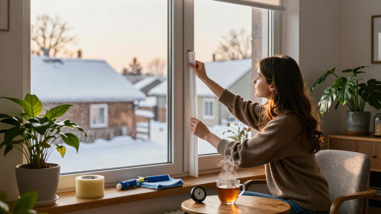 Mulher sentada ajusta cortina num quarto com vista para casa coberta de neve ao entardecer.