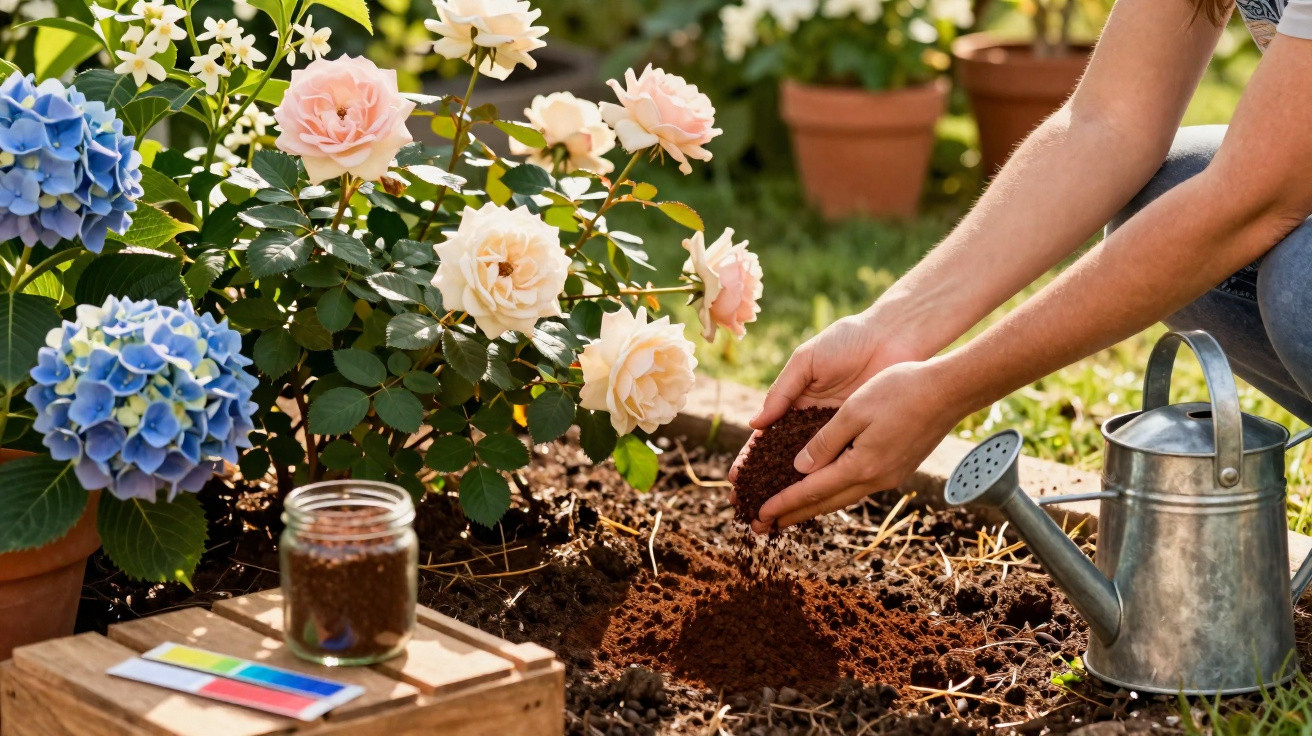 Pessoa a preparar o solo com terra para plantas num jardim com flores rosas e hortênsias azuis.