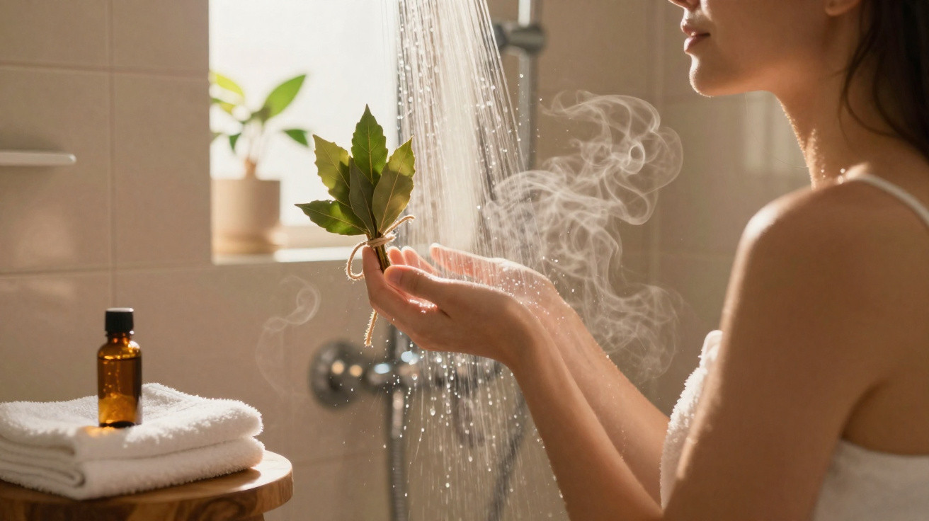 Mulher na ducha segura ramo de folhas verdes com vapor de água e garrafa de óleo essencial ao lado.