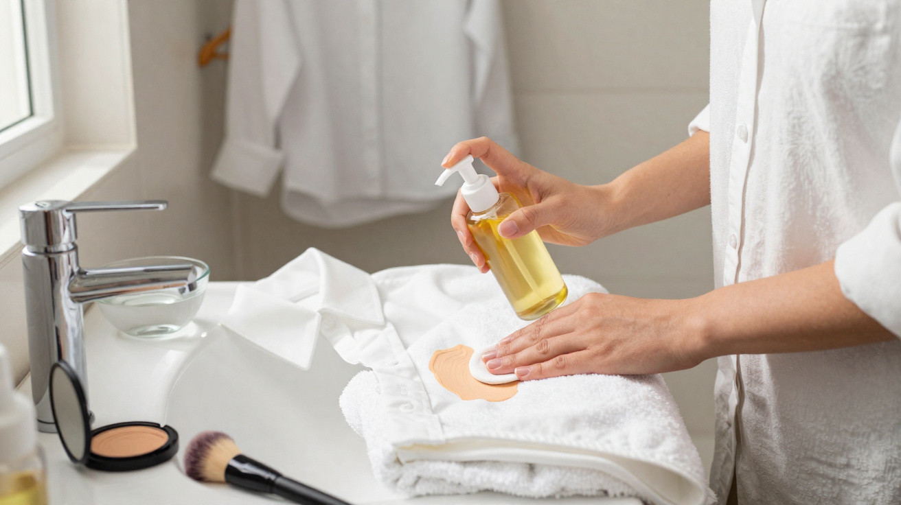 Pessoa a colocar óleo num disco de algodão sobre toalha branca num lavatório com produtos de cosmética.