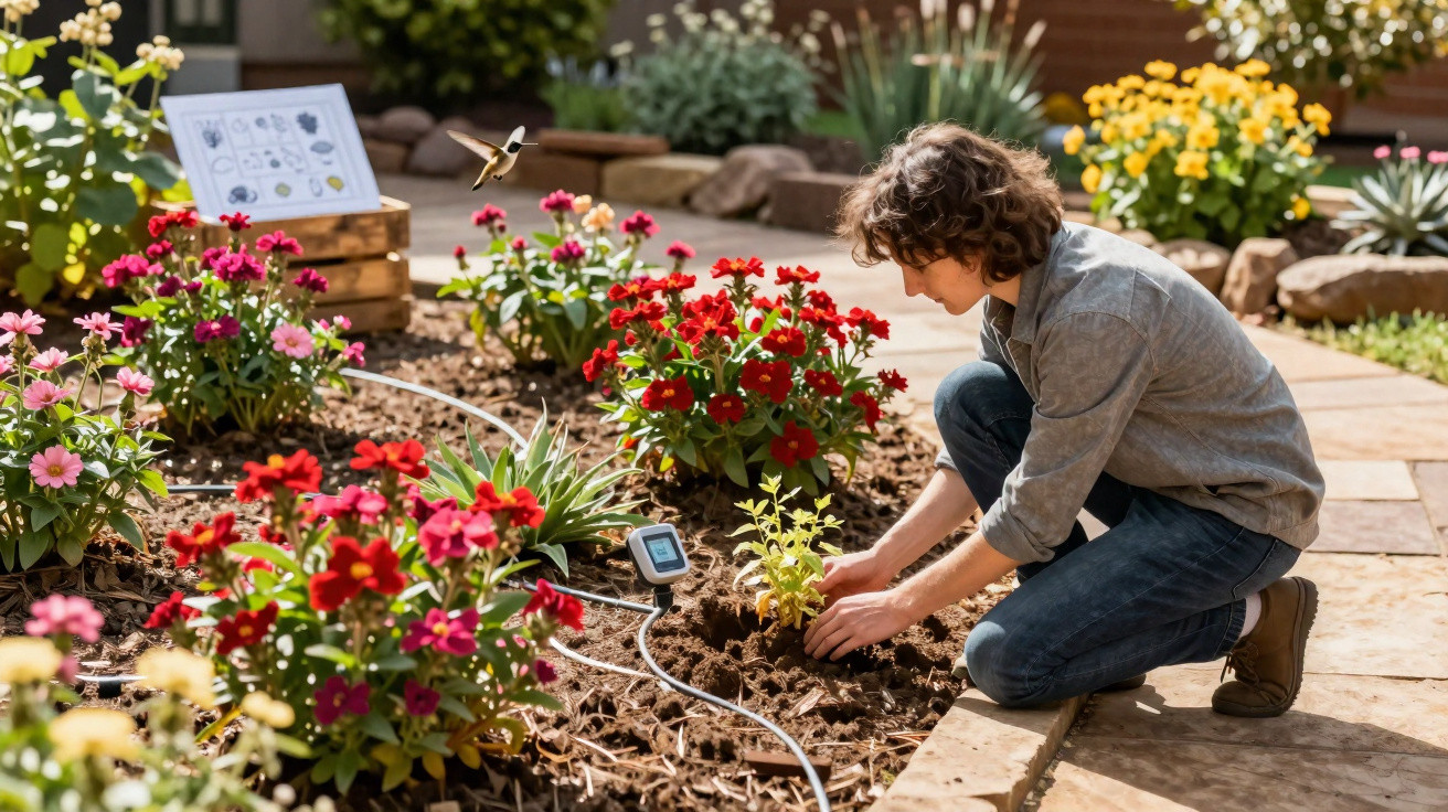 Jovem a plantar flores num jardim florido com rega automática e beija-flor em voo.