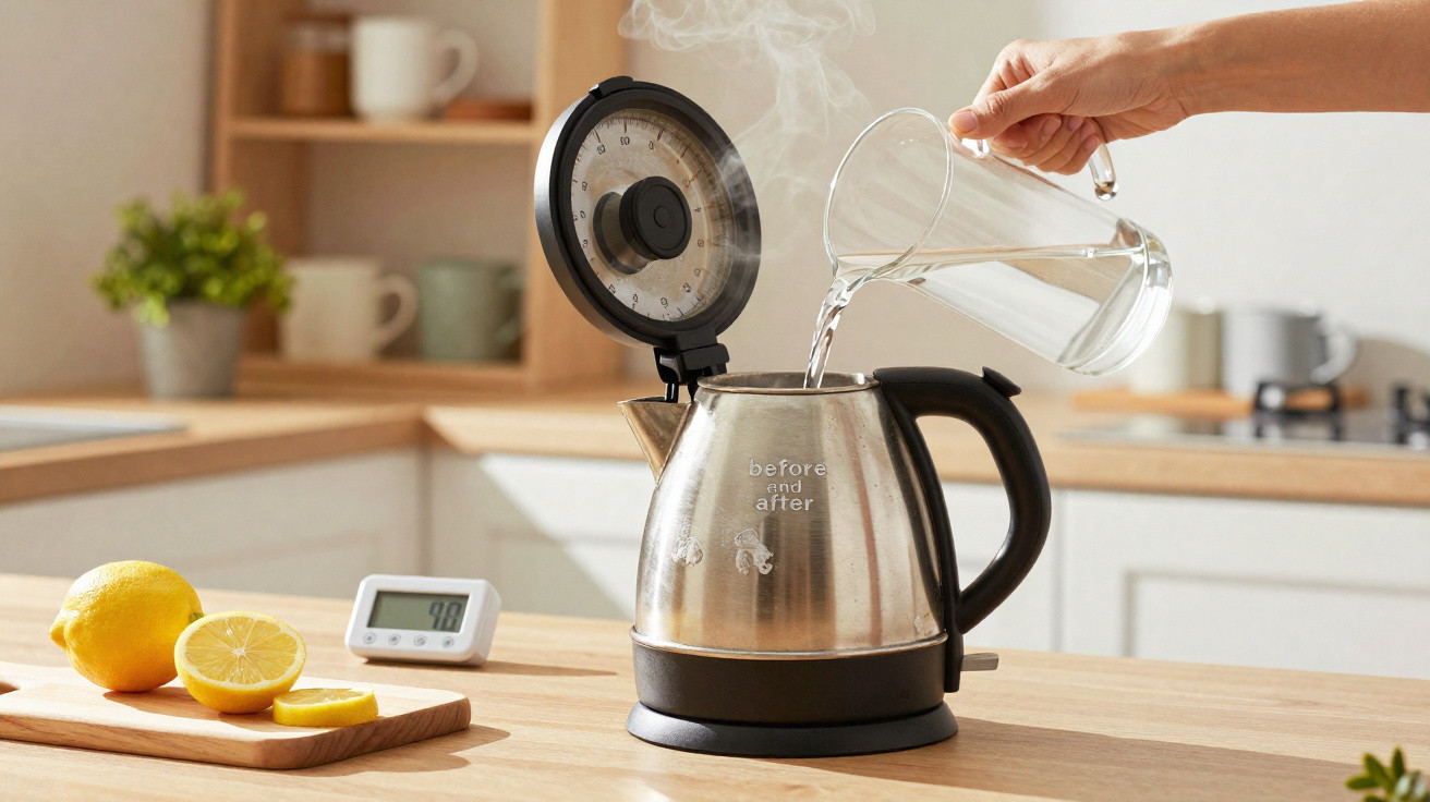 Chaleira elétrica a ser preenchida com água quente numa cozinha moderna com limão cortado ao lado.