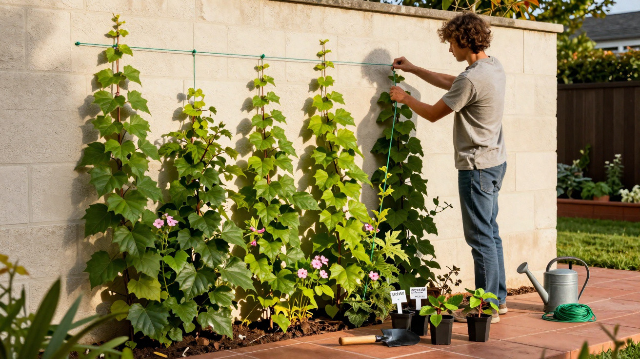 Rapaz a cuidar de plantas trepadeiras junto a um muro numa área exterior com ferramentas de jardinagem.