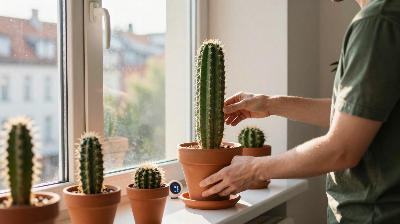 Pessoa a cuidar de vários cactos em vasos de barro numa janela interior com luz natural.