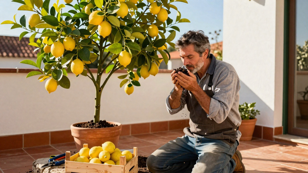 Homem idoso a cheirar terra junto a limoeiro em vaso num terraço com cesto de limões frescos.