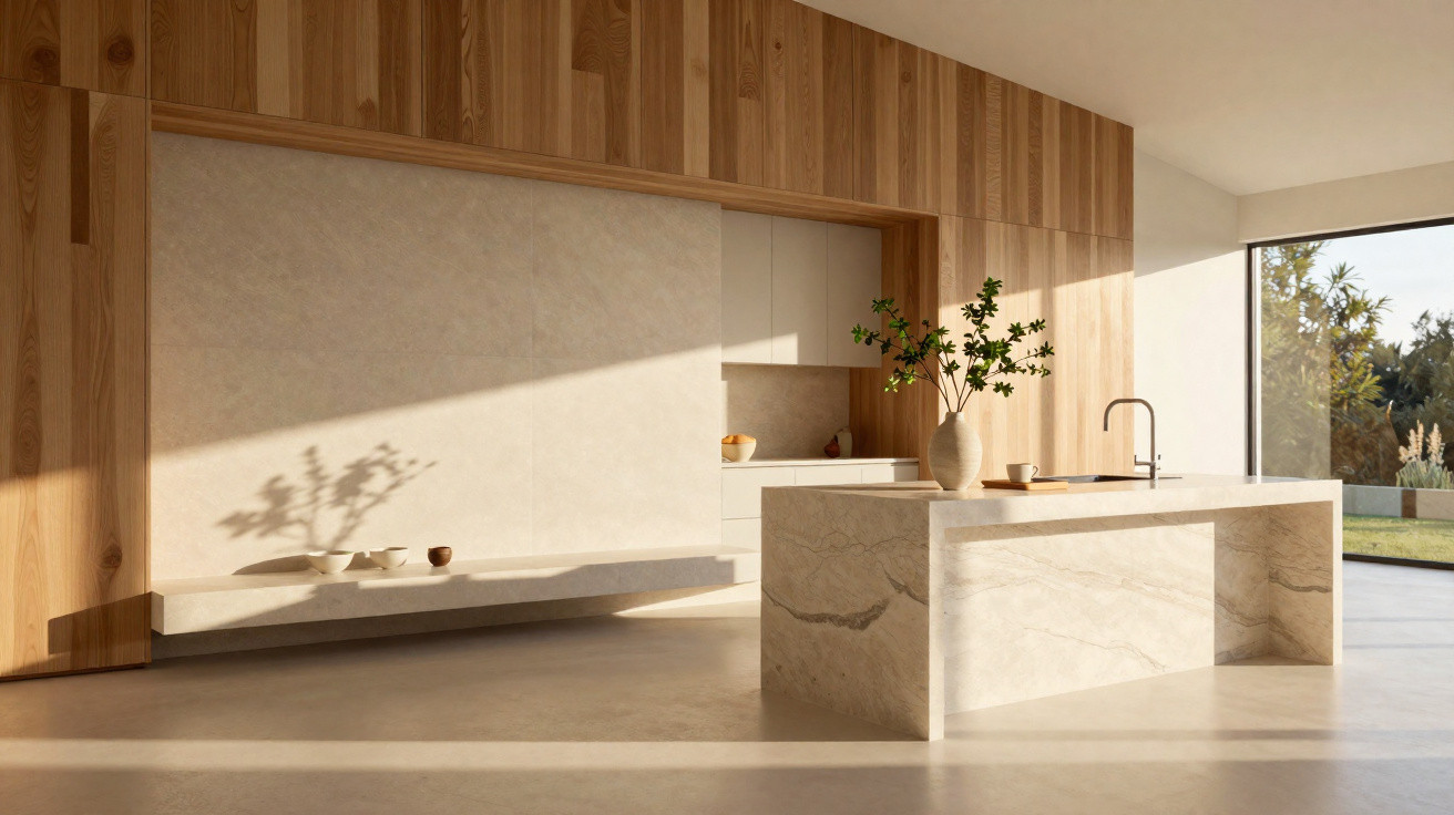 Cozinha moderna minimalista com ilha de mármore, luz natural e parede em madeira clara.