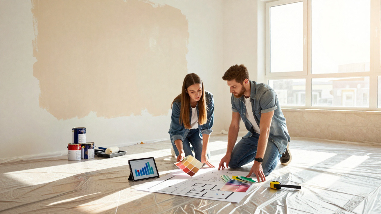 Casal analisa amostras de cores e planta baixa numa sala a ser pintada, rodeados de materiais de pintura.