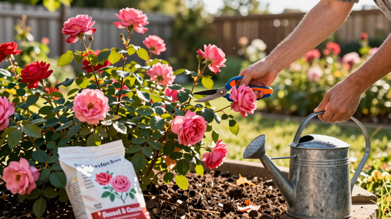 Pessoa a cortar rosas cor-de-rosa num jardim, com um regador e fertilizante ao lado.