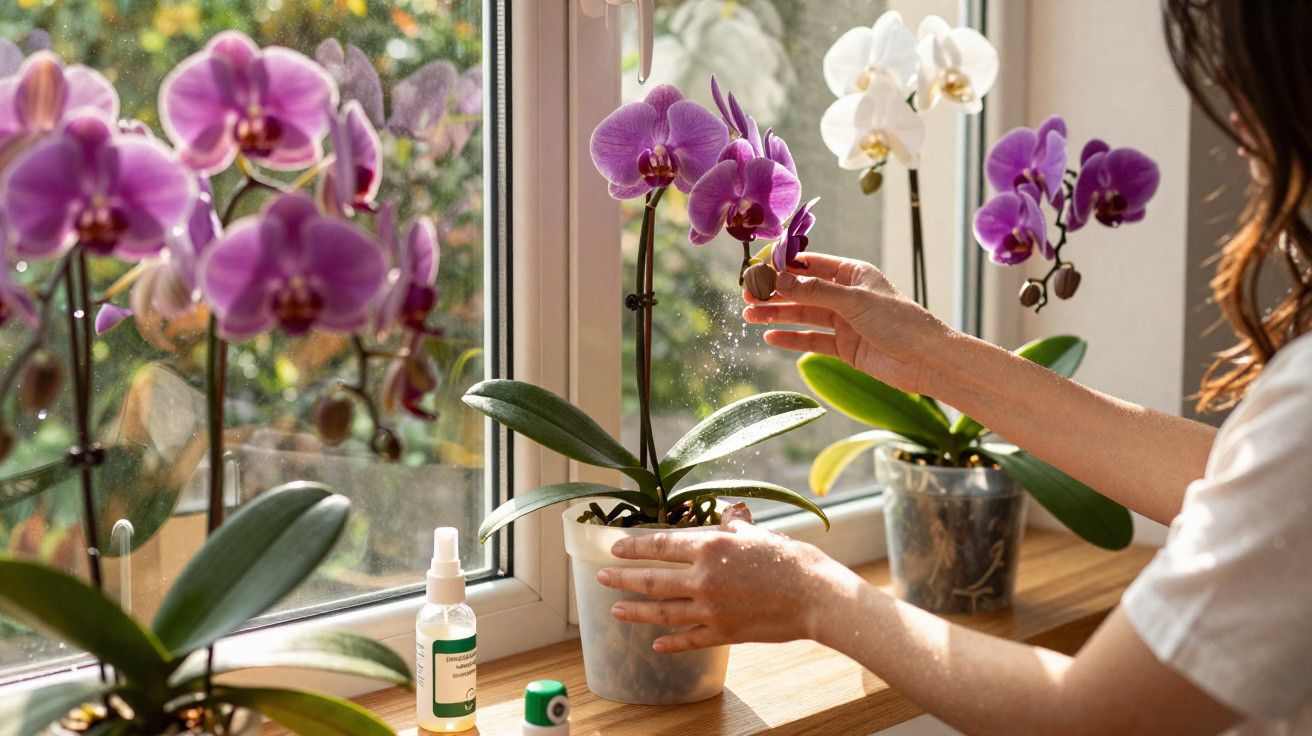 Pessoa a pulverizar água numa orquídea rosa num parapeito de janela com outras orquídeas ao fundo.