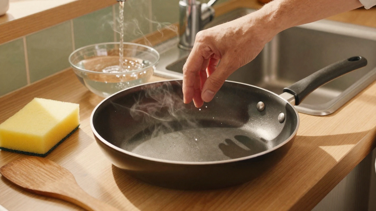 Mão salpicando água numa frigideira quente numa cozinha com utensílios e lava-loiça ao fundo.