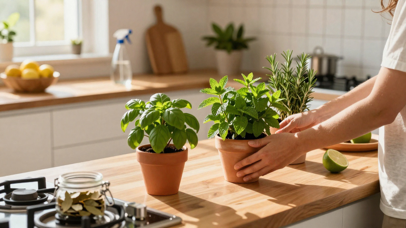 Mãos a colocar vaso com ervas aromáticas numa cozinha luminosa com bancada de madeira e ingredientes.