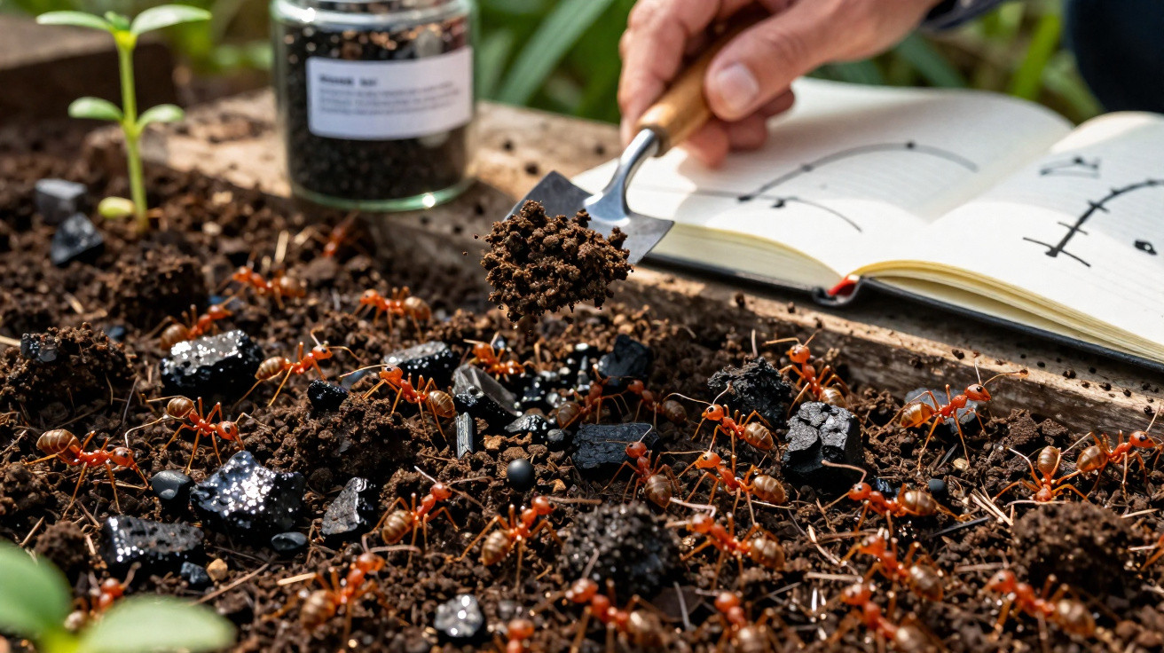 Formiga a transportar terra e carvão num jardim com caderno e mão a recolher amostras.