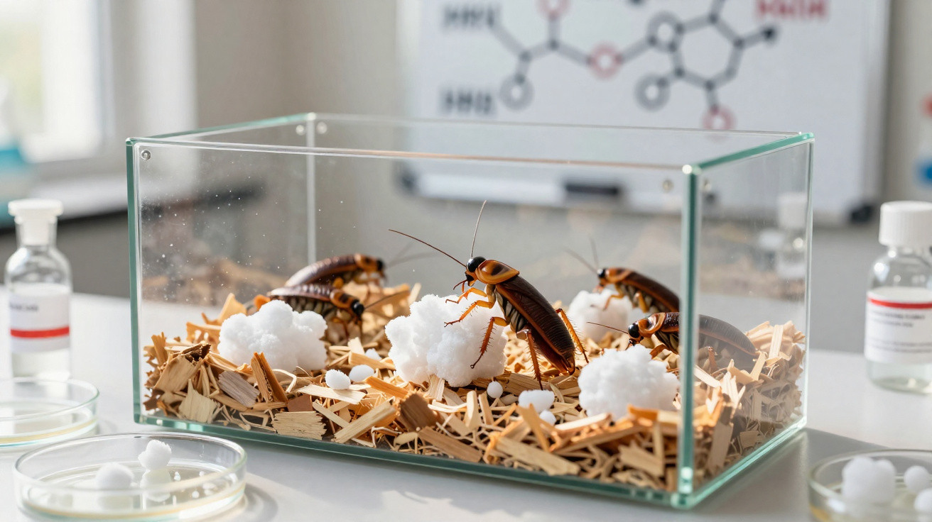 Baratas dentro de um terrário em laboratório com algodão e lascas de madeira.