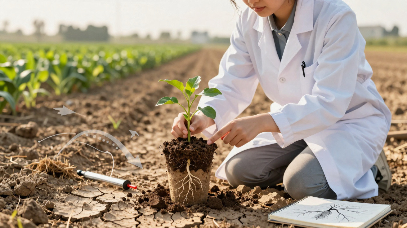 Investigadora em bata branca a examinar planta e raízes em campo agrícola seco com caderno de anotações.