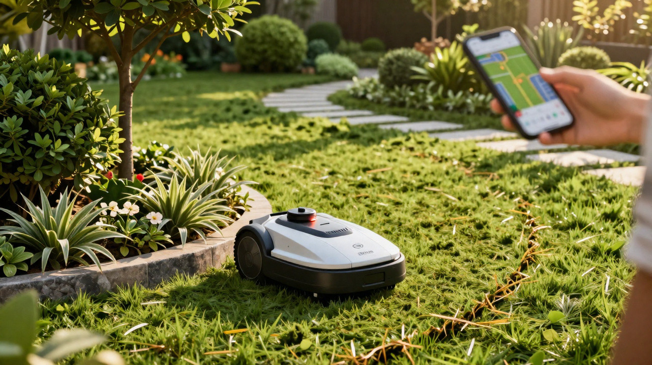 Robô cortador de relva a funcionar num jardim, controlado por smartphone.