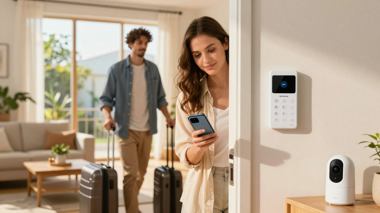 Mulher a usar smartphone junto a porta com homem a entrar em sala com malas e sistema de segurança visível.