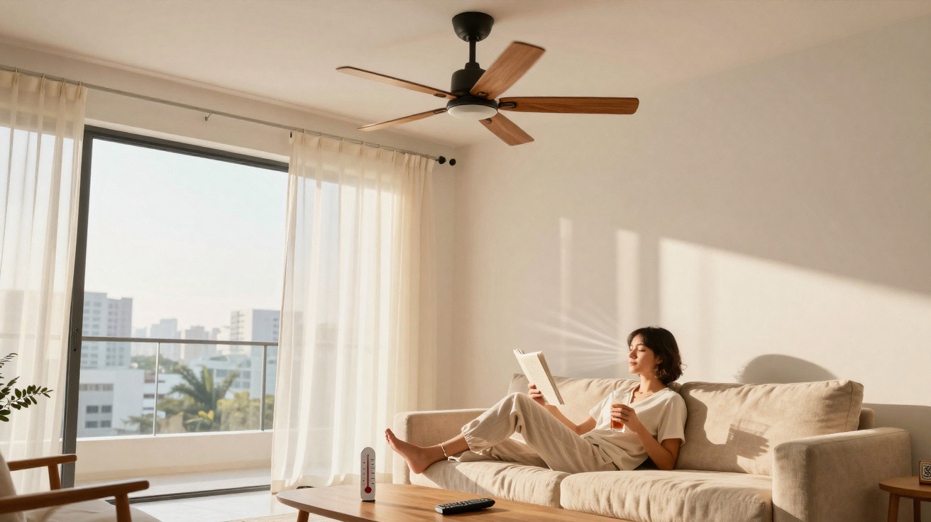 Mulher relaxa no sofá a ler um livro e a beber chá numa sala luminosa com varanda e ventoinha no teto.