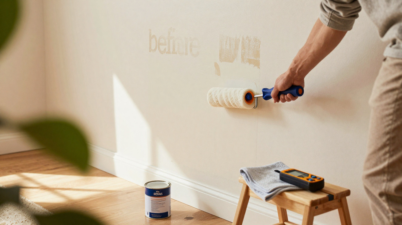 Pessoa a pintar uma parede interior de branco com um rolo, contendo um banco com um pano e um medidor digital.