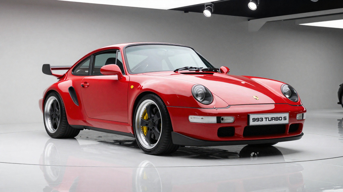 Carro desportivo Porsche 993 Turbo S vermelho numa sala branca com piso brilhante.