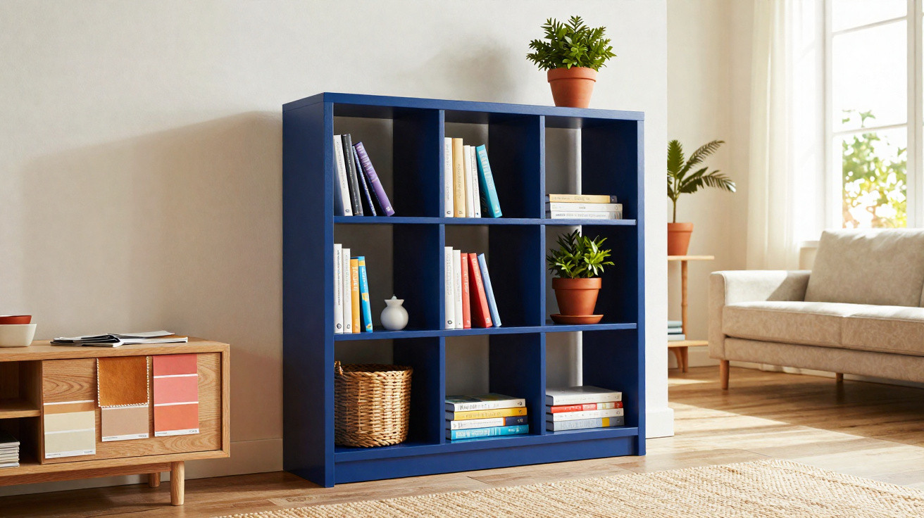 Estante azul com livros, vasos de plantas e objeto decorativo numa sala com sofá e móvel de madeira.