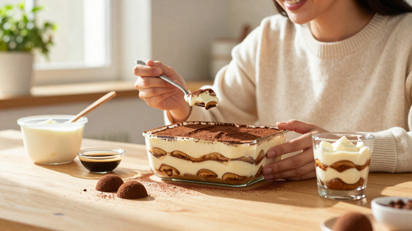 Mulher a servir-se de tiramisu numa taça grande junto a mesa com ingredientes e sobremesa.