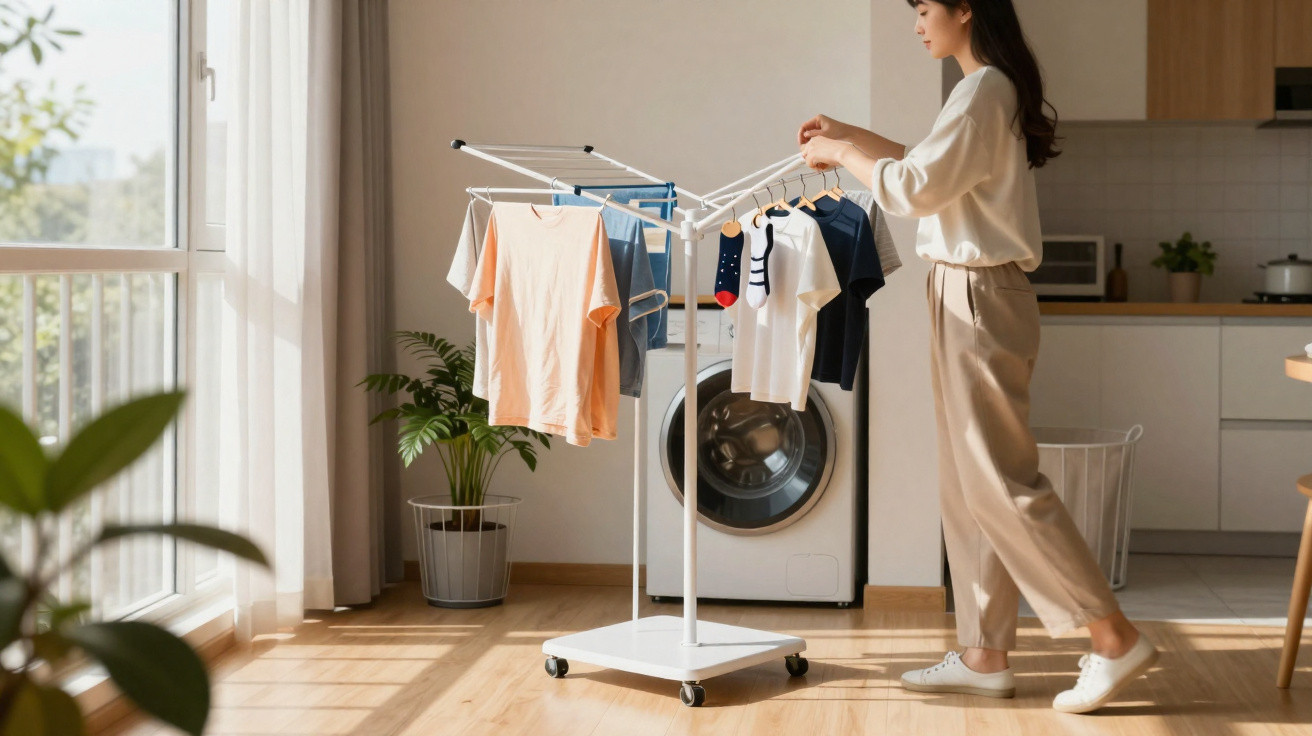 Mulher a estender roupas num estendal numa sala iluminada com máquina de lavar e plantas.