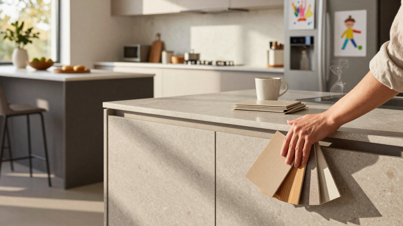Mão a segurar amostras de materiais para escolha de decoração numa cozinha moderna e luminosa.