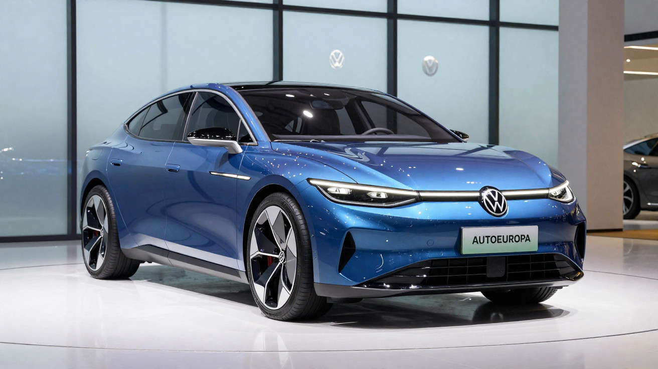 Carro elétrico azul Volkswagen ID.Aero exposto num salão com acabamento moderno e jantes aerodinâmicas.