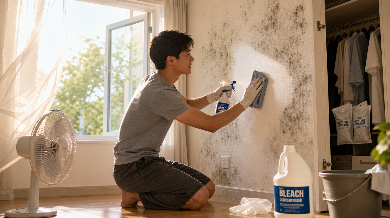 Homem a limpar mofo numa parede interior com spray e pano, ao lado de produtos de limpeza e ventilador.