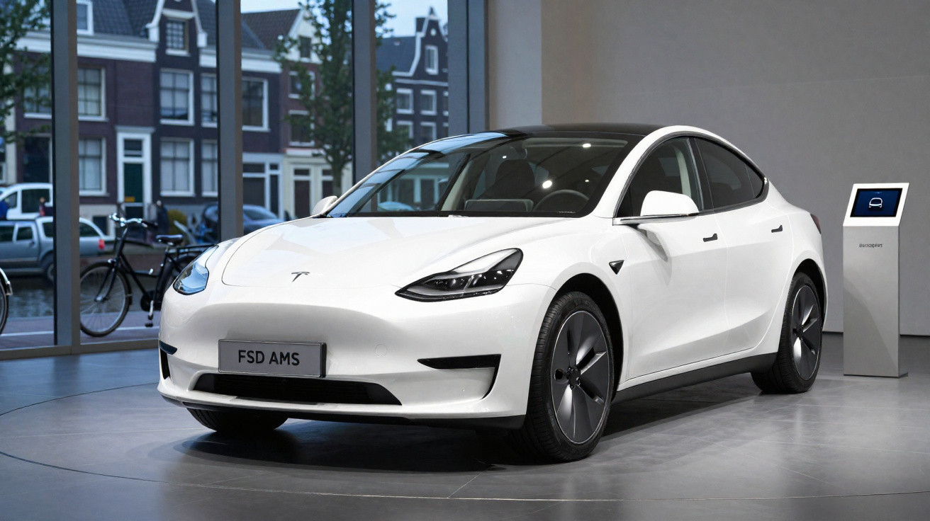 Carro elétrico Tesla Model 3 branco exibido numa sala com janelas grandes e cadeiras ao fundo.