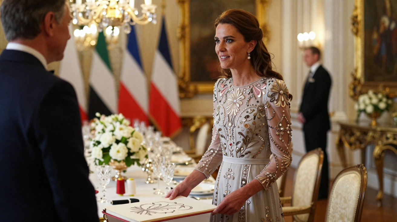 Mulher elegante com vestido bordado entrega documento a homem numa sala decorada com bandeiras e flores.