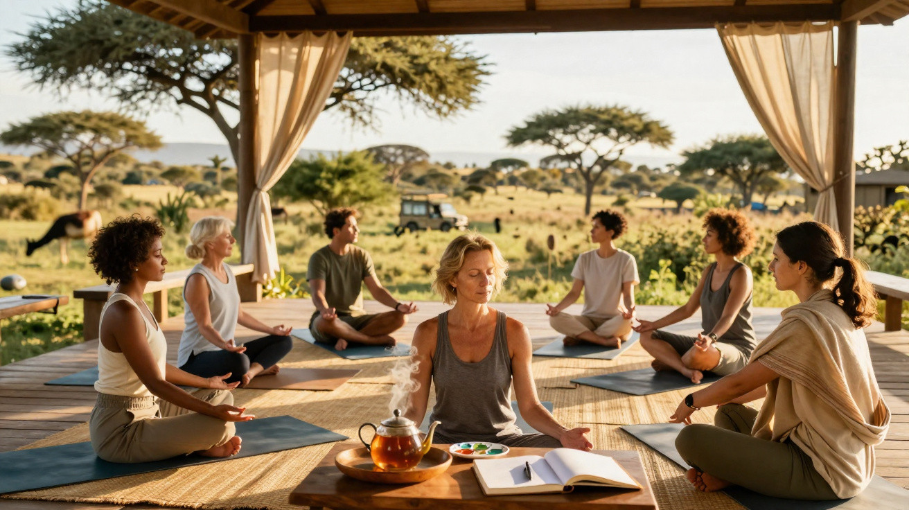 Grupo de pessoas meditando em deck aberto com vegetação e animais ao fundo, cenário de safari.