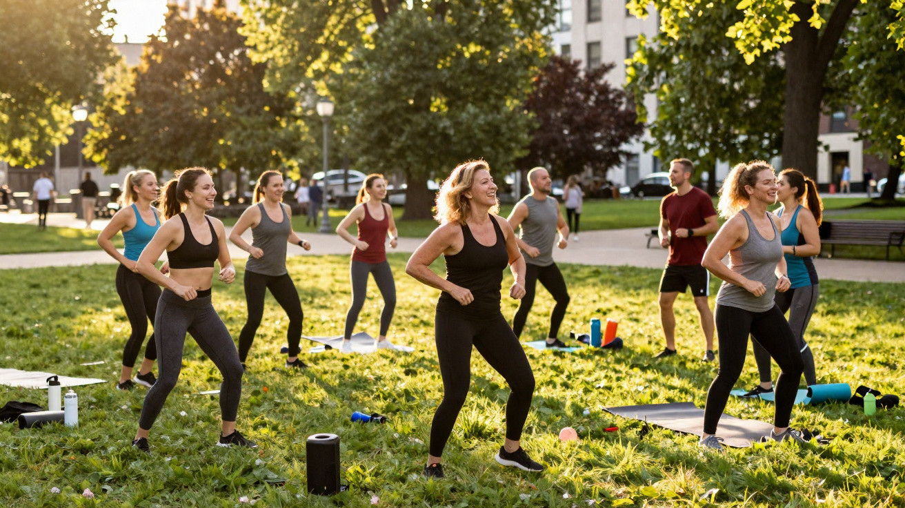 Grupo de pessoas a fazer exercício físico ao ar livre num parque com relva e árvores ao fundo.