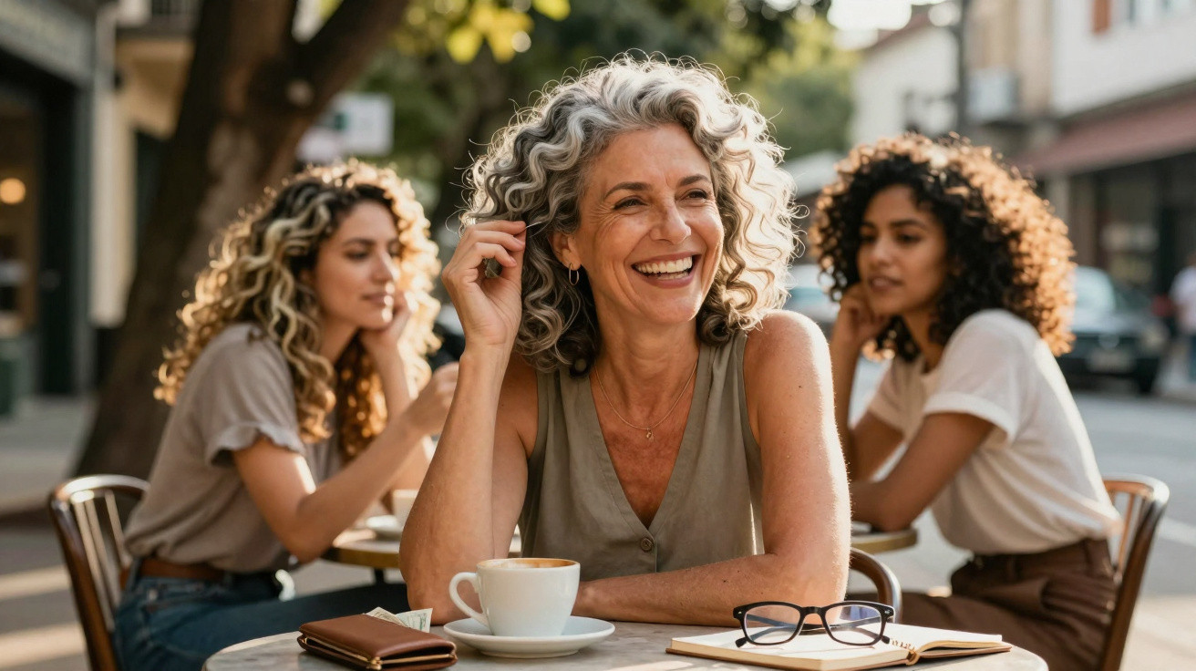 Mulher sorridente com cabelo grisalho num café ao ar livre, com duas jovens ao fundo a conversar.