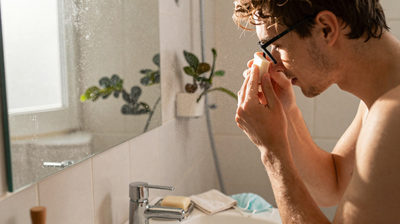 Homem a limpar óculos com um pano junto a uma pia de casa de banho iluminada por luz natural.