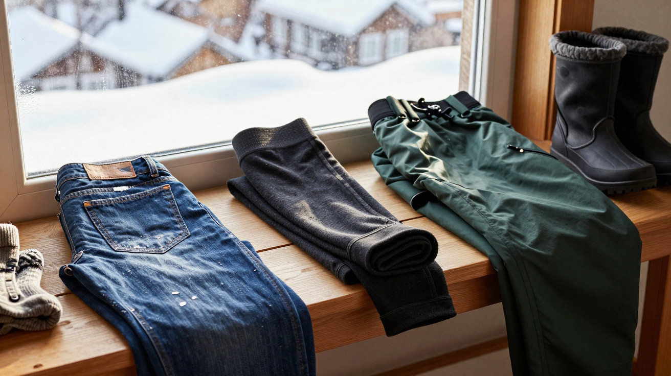 Roupas e botas secando num parapeito de janela com vista para uma paisagem nevada.