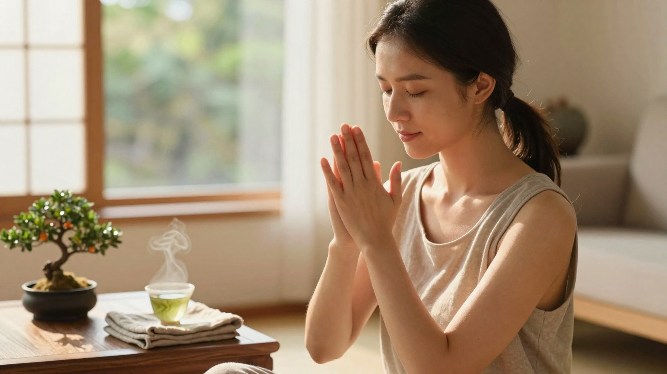 Mulher a meditar com as mãos unidas, sentada perto de uma mesa com chá quente e planta decorativa.