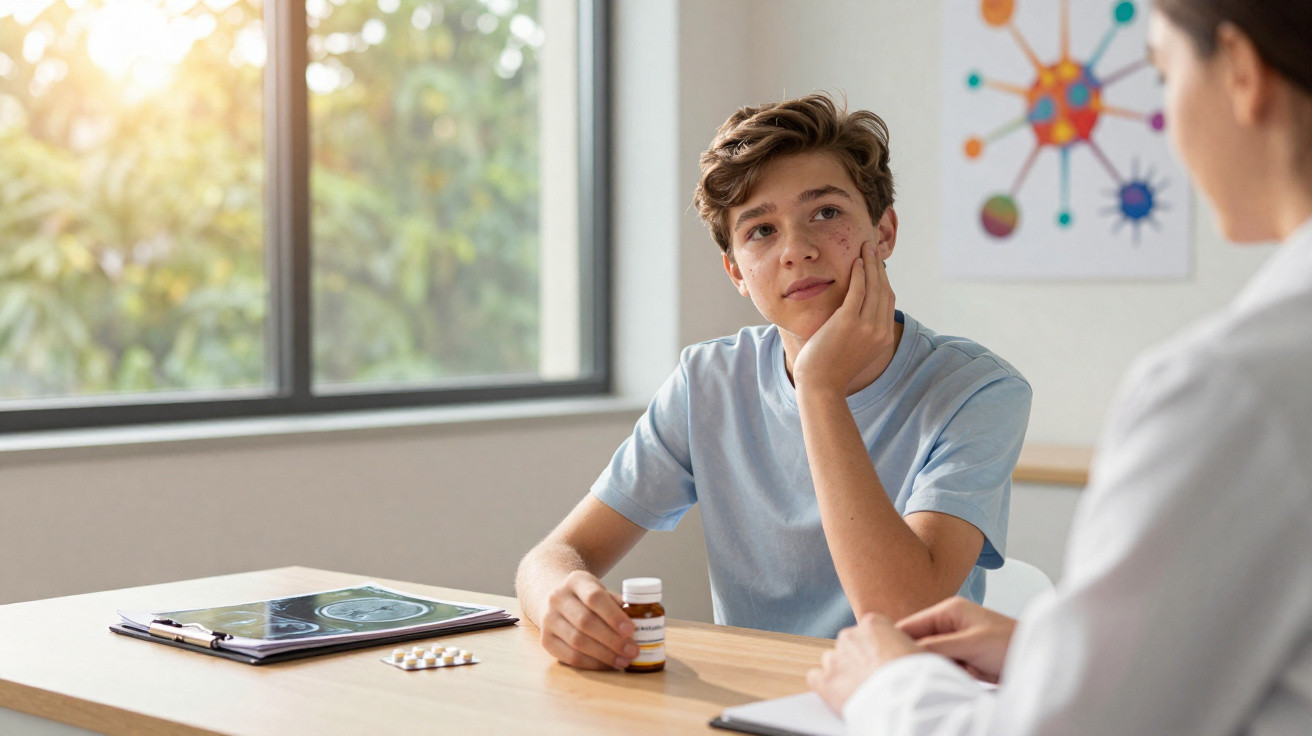Adolescente sentado à mesa a discutir medicamentos com profissional de saúde numa consulta médica.
