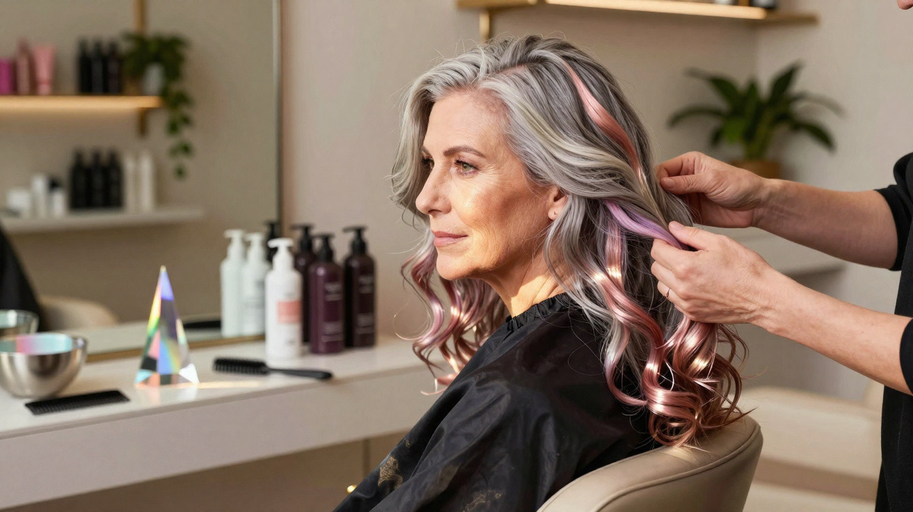 Mulher com cabelo cinza e mechas cor de rosa a ser penteada num salão de cabeleireiro.