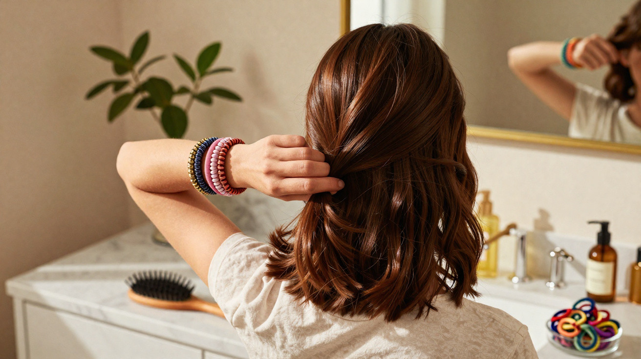 Mulher de costas ajeita o cabelo curto castanho num quarto com escova e produtos de cuidado pessoal.