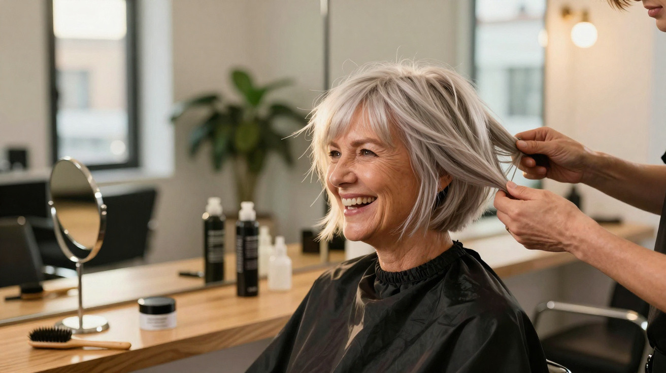 Mulher sorridente com cabelo curto cinzento num salão de cabeleireiro a ser penteado.