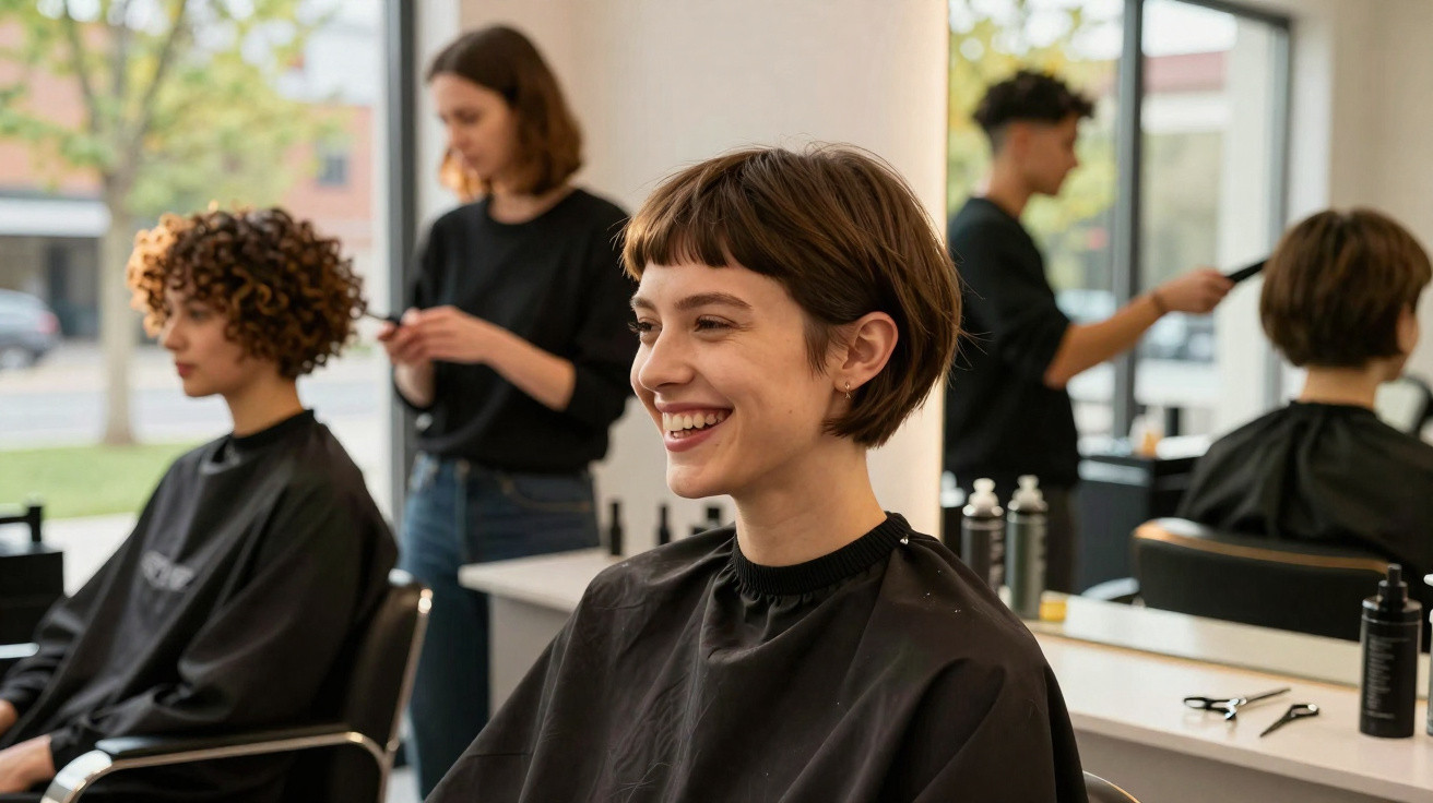 Clientes satisfeitas com corte de cabelo em cabeleireiro moderno com profissionais a trabalhar.