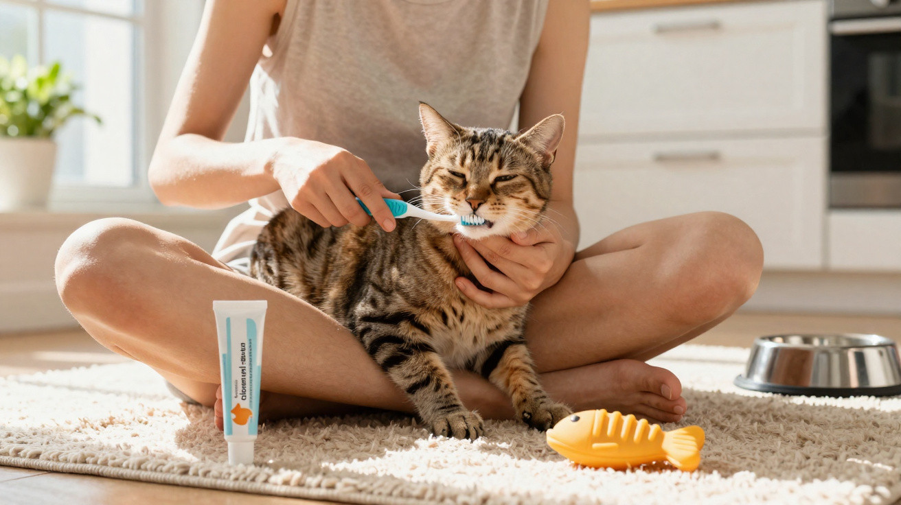 Pessoa sentada a escovar os dentes de um gato numa cozinha com brinquedo e ração.