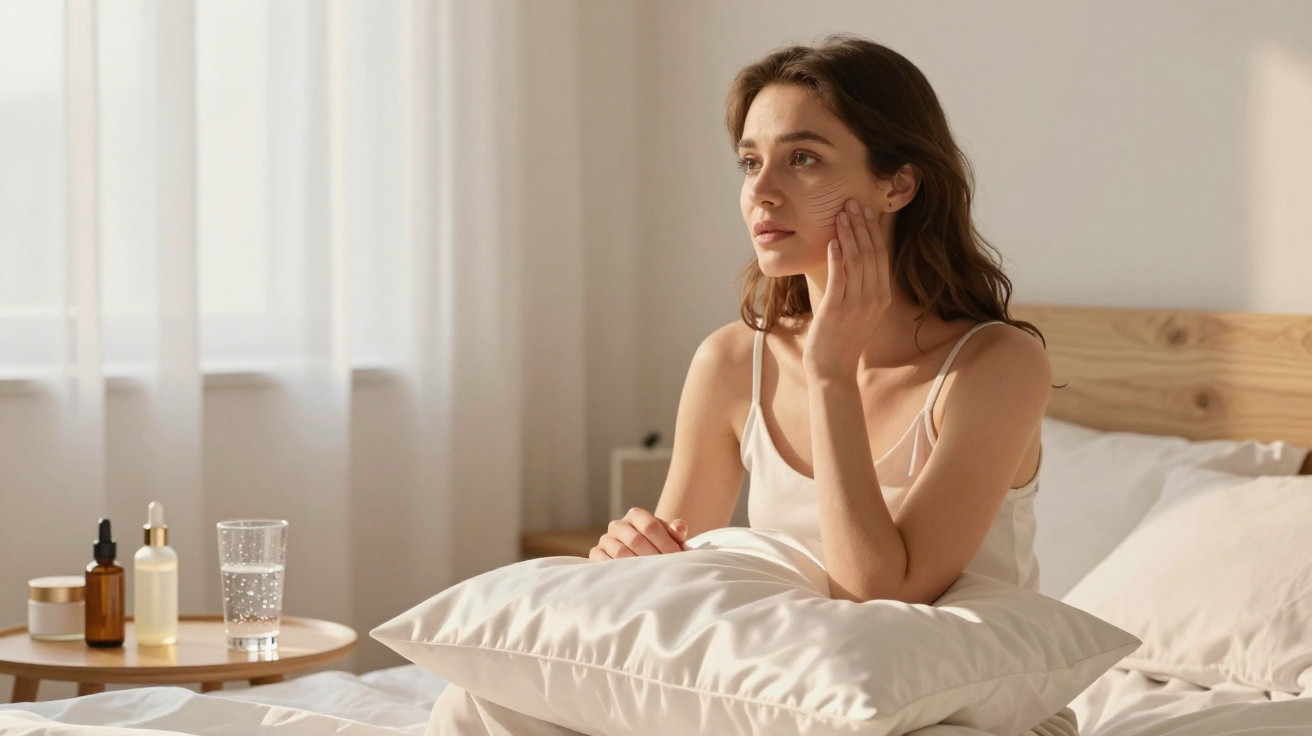 Mulher sentada na cama de manhã, a olhar pela janela, com mãos no rosto e produtos de cuidados na mesa ao lado.