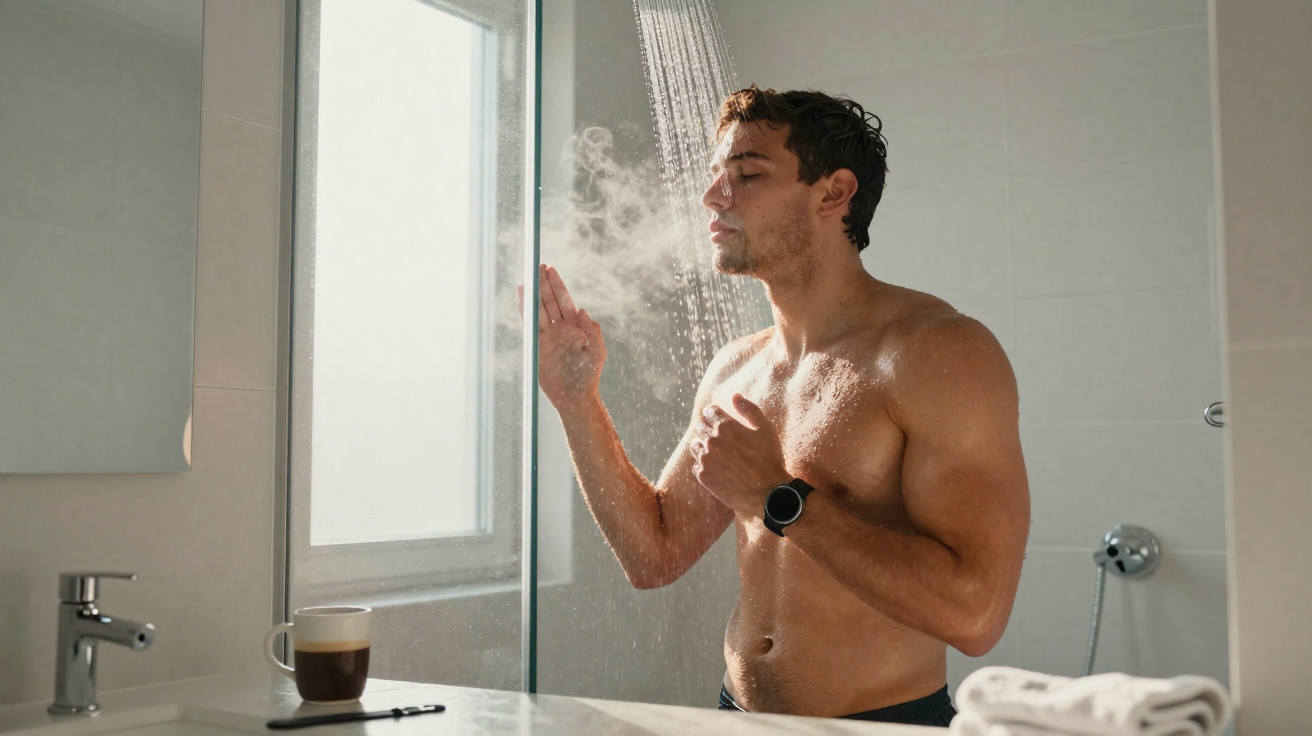 Homem de pé na casa de banho sob um chuveiro, com vapor e uma chávena de café ao lado da pia.