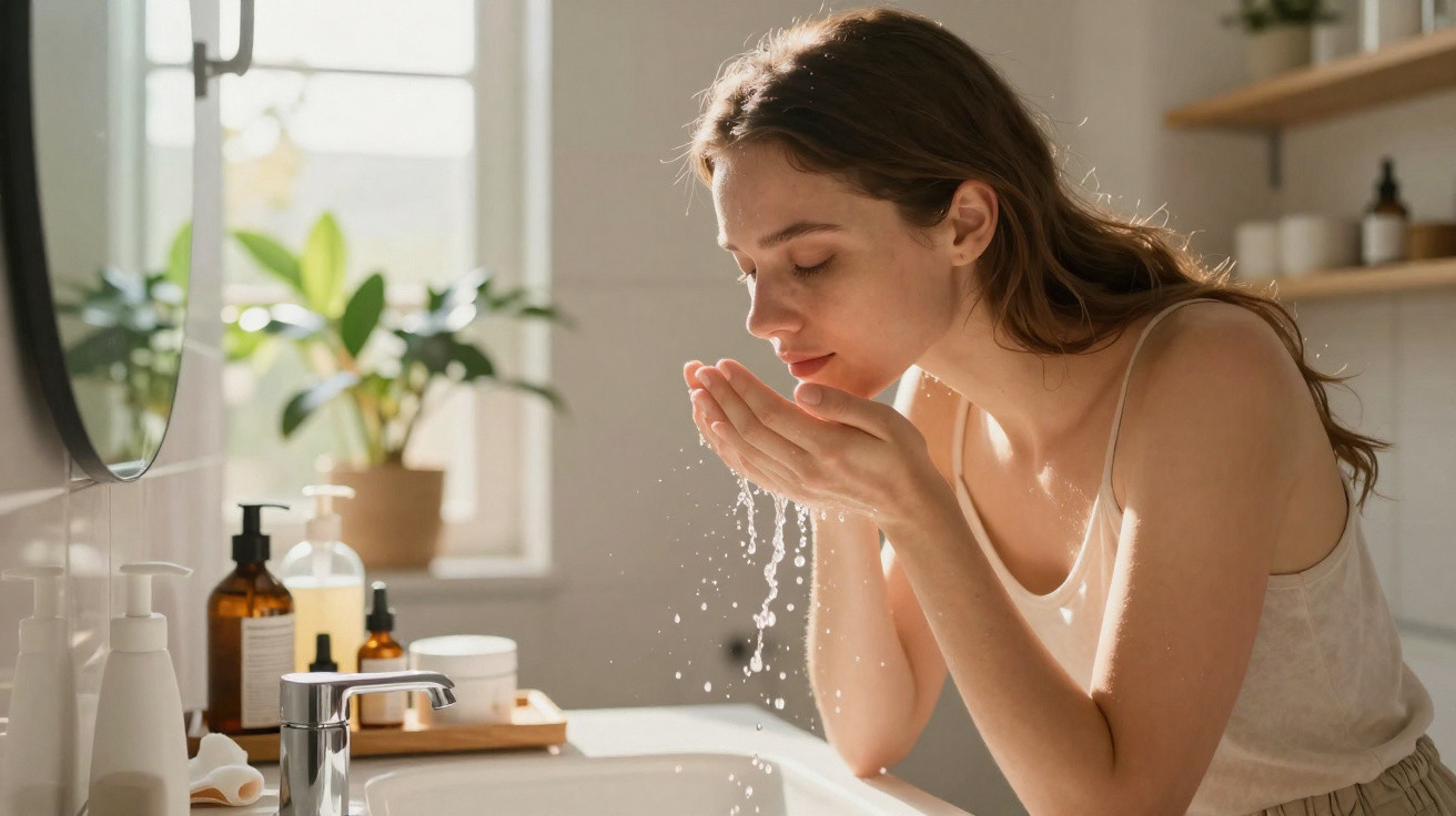 Mulher jovem lava o rosto com água numa casa de banho luminosa, com produtos de beleza ao lado.