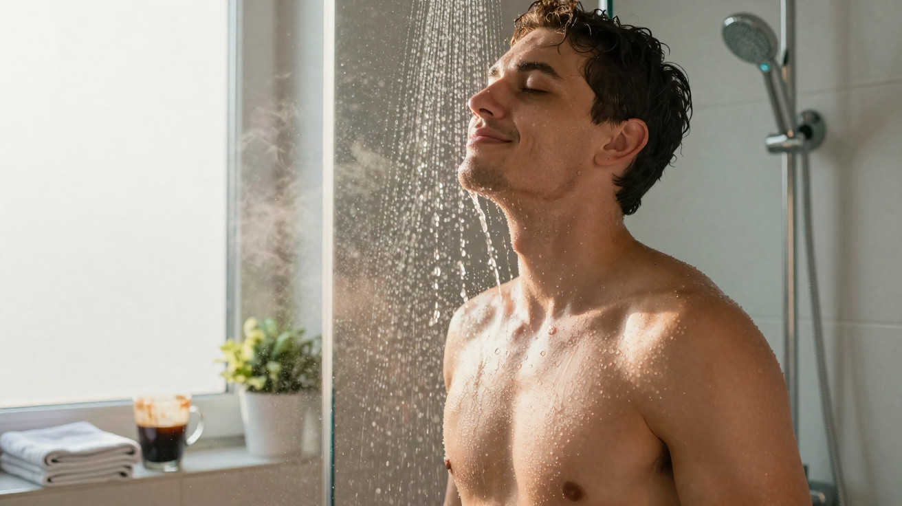 Homem de olhos fechados aproveita banho quente de sorriso relaxado numa casa de banho iluminada.